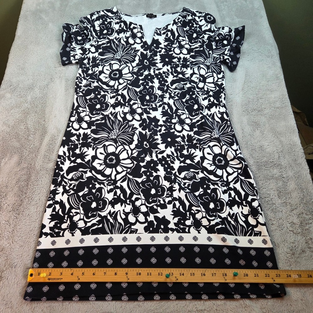 Talbots Shift Dress Womens L Floral Geometric Border Short Sleeve Black White 80